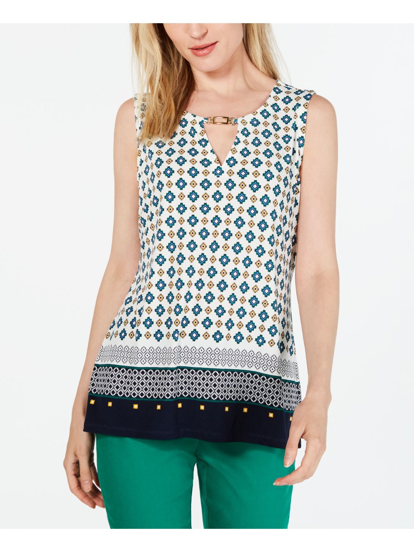 Charter Club Women's Printed Keyhole-Neck Top Size XL