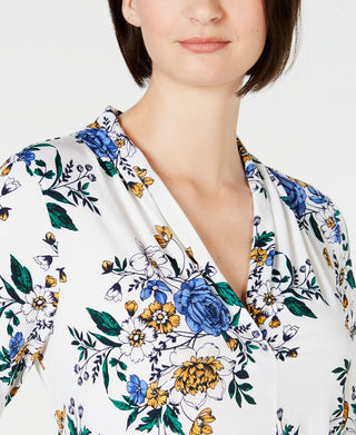 Charter Club Women's Floral Print V Neck Top White Size Small