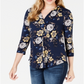 Charter Club Women's Floral Print V Neck Top Blue Size Large