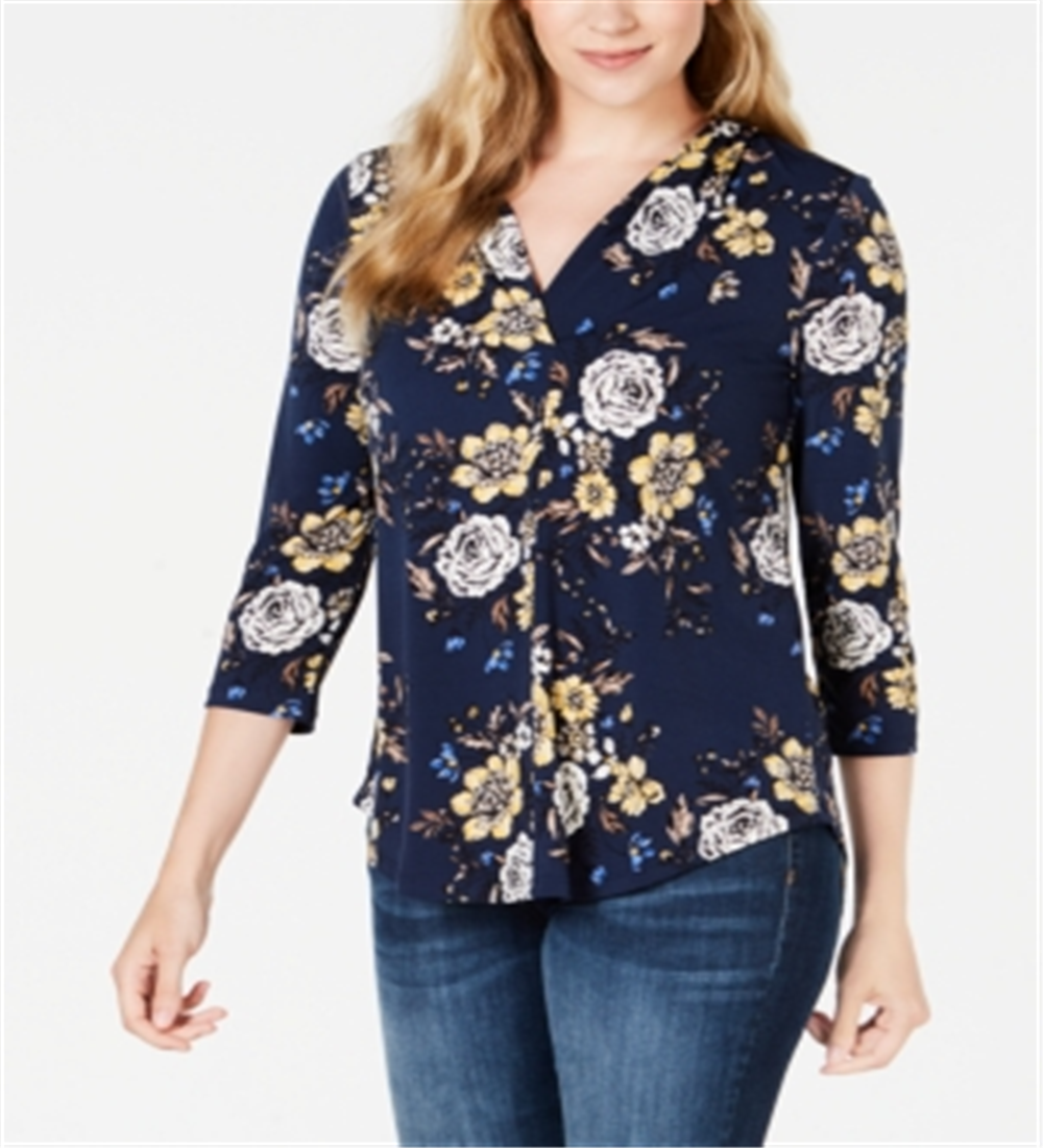 Charter Club Women's Floral Print V Neck Top Blue Size Large