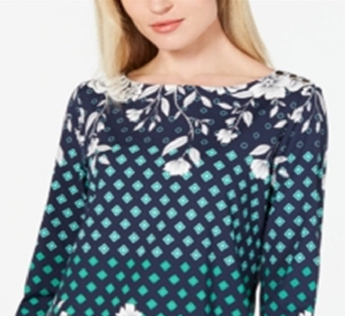 Charter Club Women's Printed Boat Neck Top Blue Size X-Small