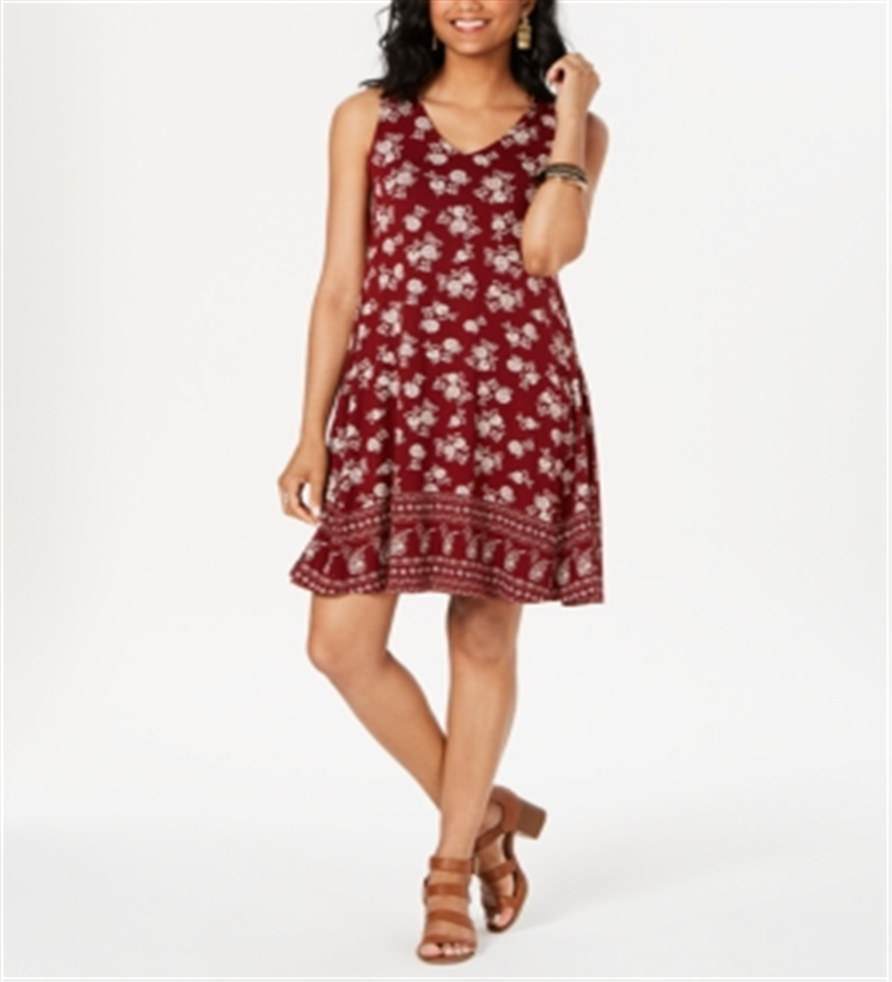 Style & Co Women's Floral Print Sleeveless Swing Dress Red Size Petite