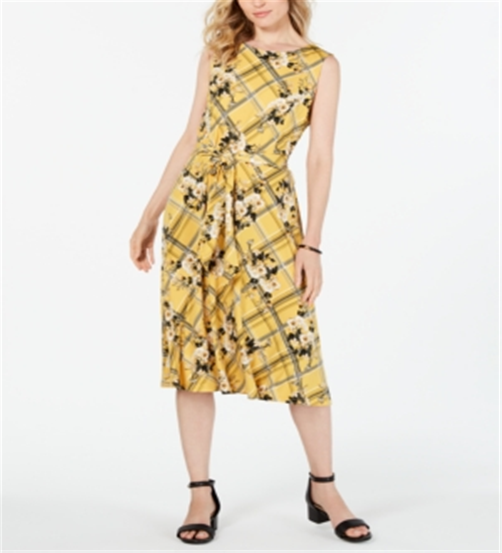 Charter Club Women's Belted Mixed Print Dress Yellow Size Small