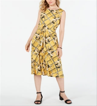 Charter Club Women's Belted Mixed Print Dress Yellow Size Small