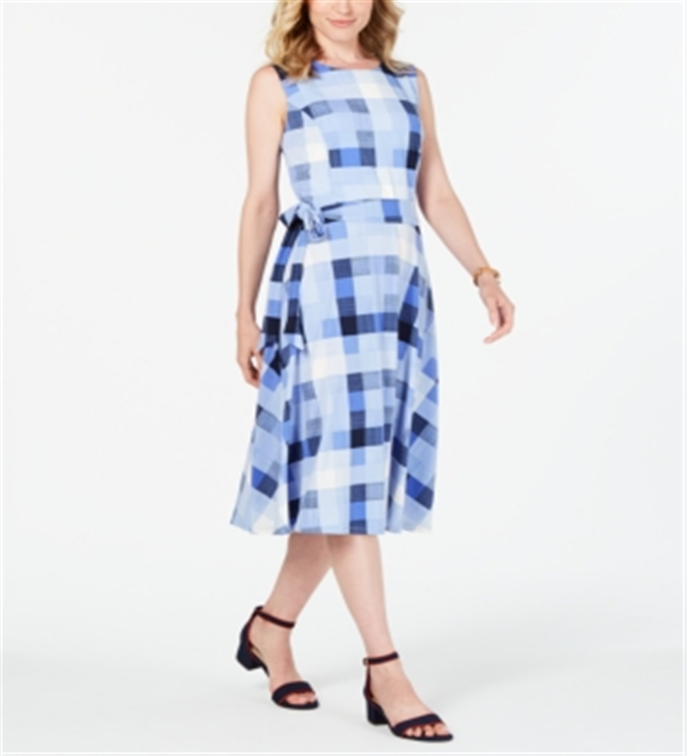 Charter Club Women's Plaid MIDI Dress Blue Size Small