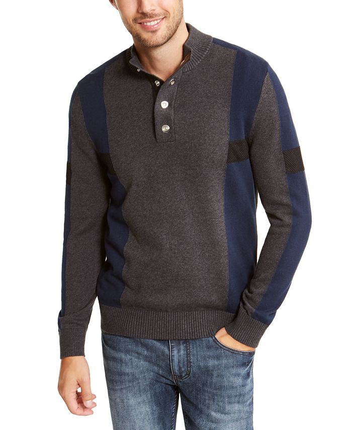 INC International Concepts Men's Sweater Colorblocked Snap Henley Pullover Grey Size Large