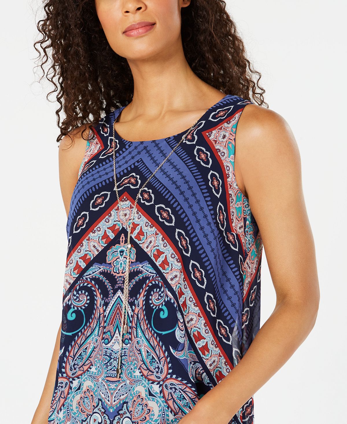 JM Collection Women's Sleeveless Printed Necklace Top Blue Size Small