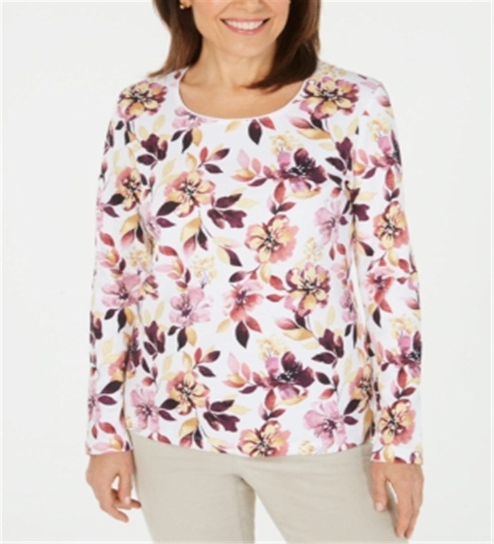 Karen Scott Women's Printed Long Sleeve Top White Size X-Small