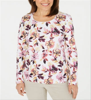 Karen Scott Women's Printed Long Sleeve Top White Size X-Small