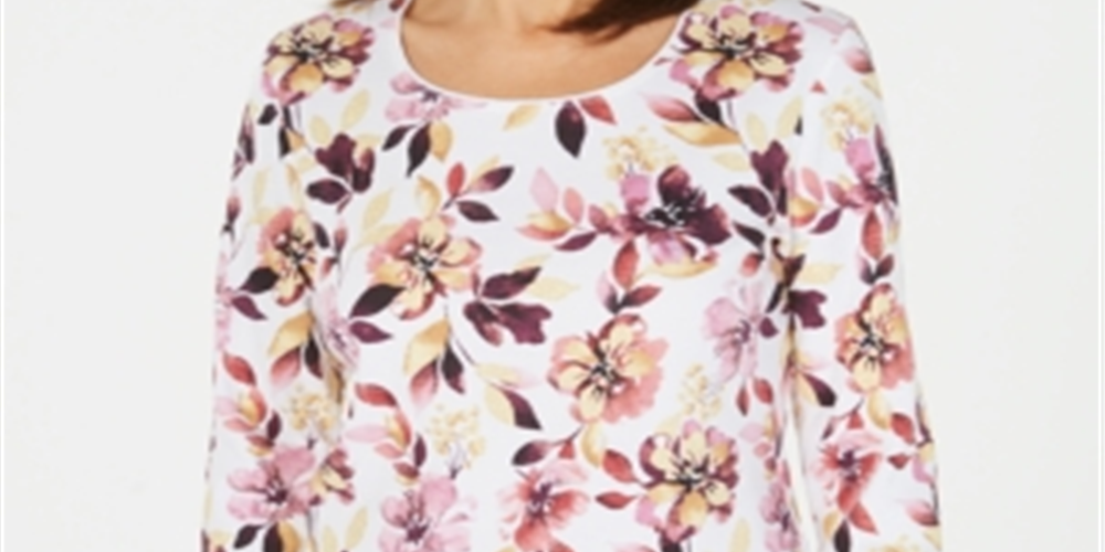 Karen Scott Women's Printed Long Sleeve Top White Size X-Small