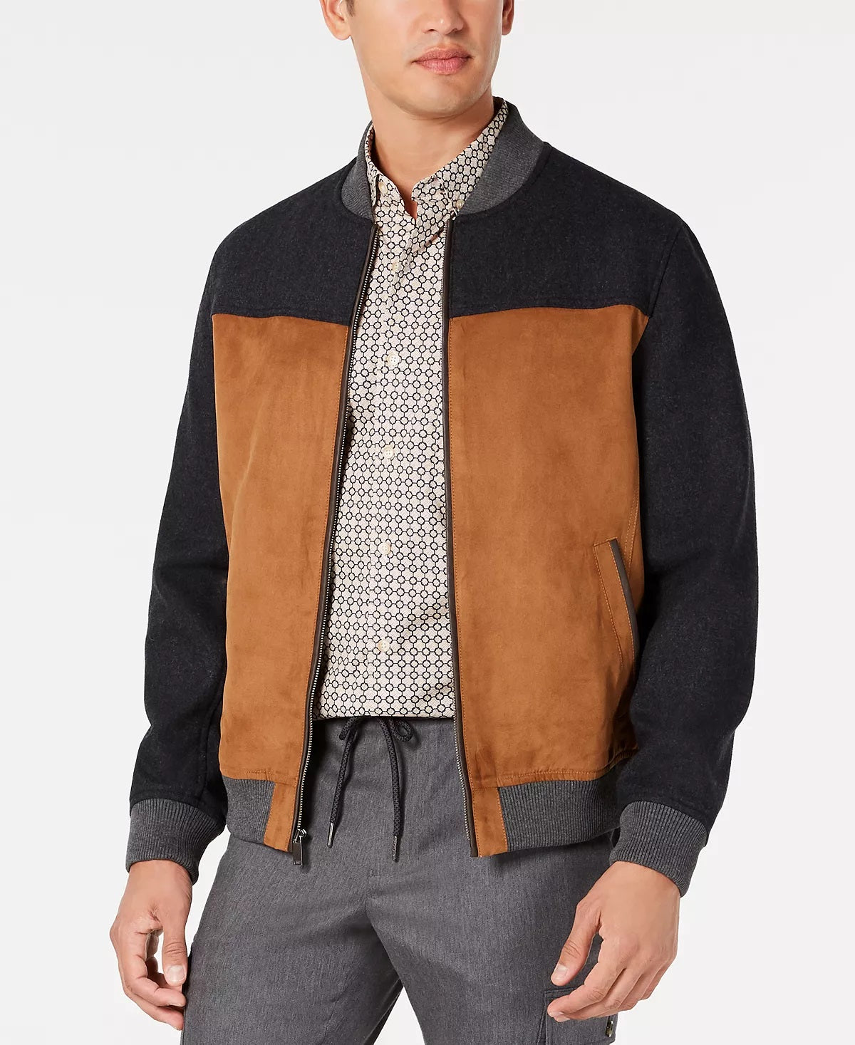 Tasso Elba Men's Colorblocked Faux Leather Mix Media Bomber Jacket Brown Size Small