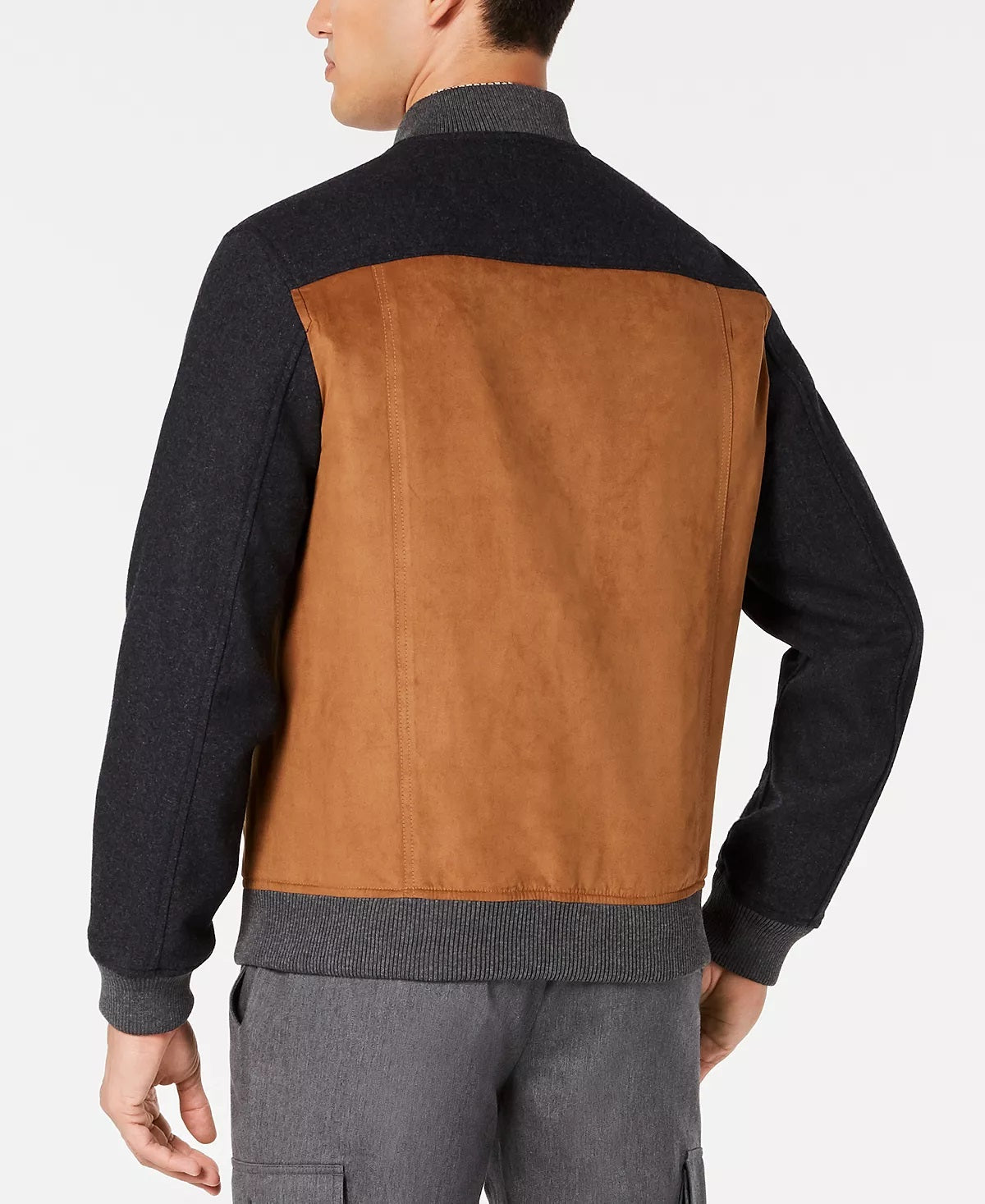 Tasso Elba Men's Colorblocked Faux Leather Mix Media Bomber Jacket Brown Size Small
