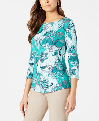 Charter Club Women's Plus Cotton Printed 3/4 Sleeve Top Green Size 0X