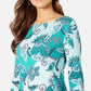 Charter Club Women's Plus Cotton Printed 3/4 Sleeve Top Green Size 0X