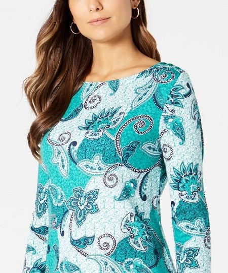 Charter Club Women's Plus Cotton Printed 3/4 Sleeve Top Green Size 0X