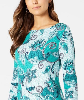 Charter Club Women's Plus Cotton Printed 3/4 Sleeve Top Green Size 0X