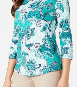 Charter Club Women's Plus Cotton Printed 3/4 Sleeve Top Green Size 0X