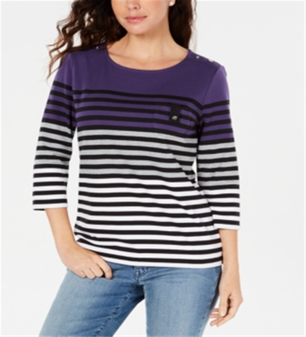 Karen Scott Women's Sport Striped 3/4 Sleeve Top Purple Size X-Small