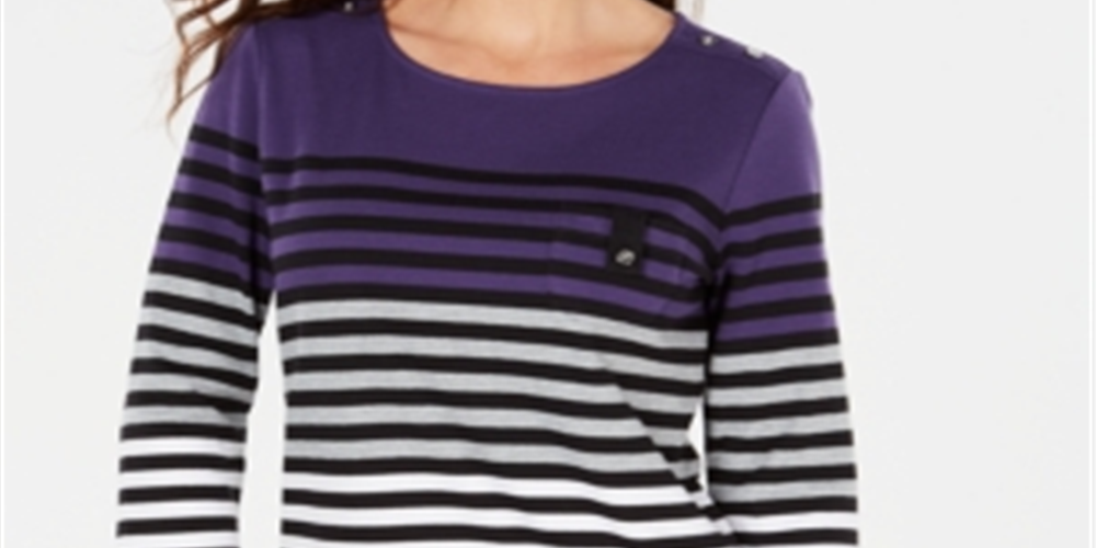 Karen Scott Women's Sport Striped 3/4 Sleeve Top Purple Size X-Small