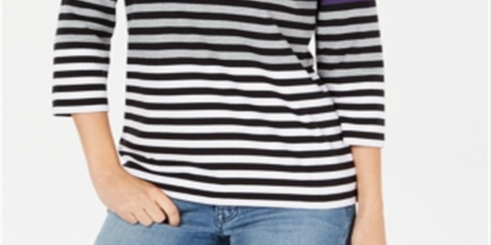 Karen Scott Women's Sport Striped 3/4 Sleeve Top Purple Size X-Small
