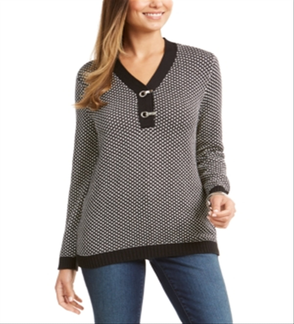 Karen Scott Women's Cotton Two Tone Henley Sweater Black Size Petite Medium
