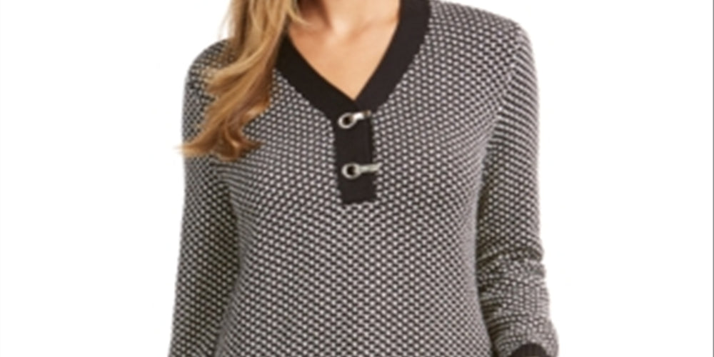 Karen Scott Women's Cotton Two Tone Henley Sweater Black Size Petite Medium