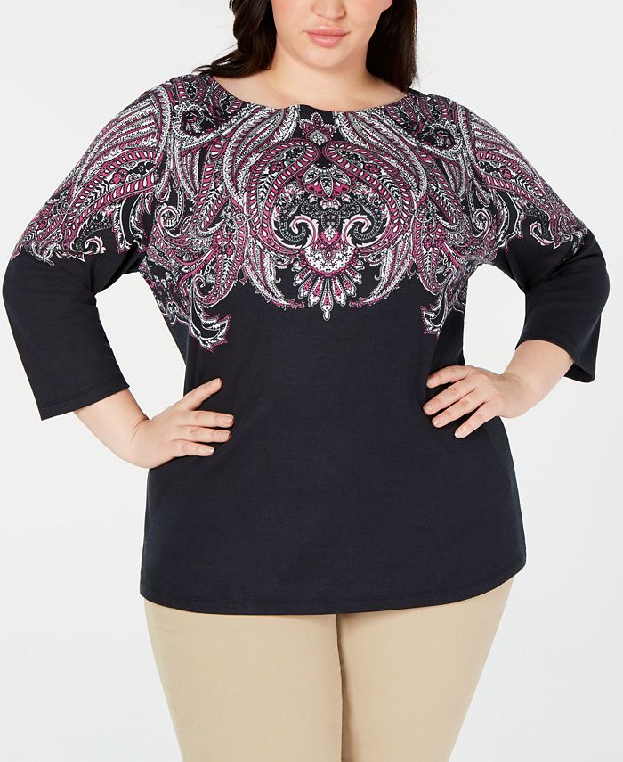 Karen Scott Women's Plus Printed 3/4 Sleeve Top Black Size 4X