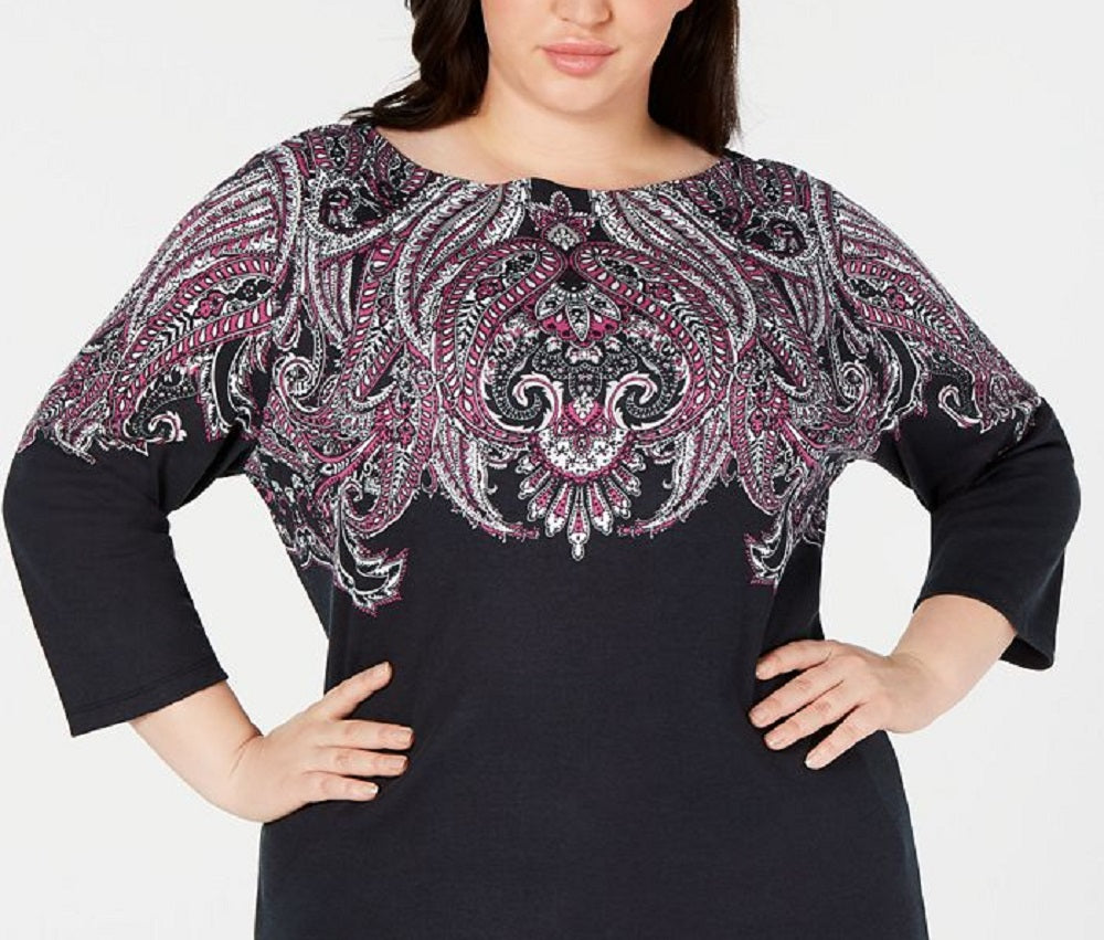 Karen Scott Women's Plus Printed 3/4 Sleeve Top Black Size 4X