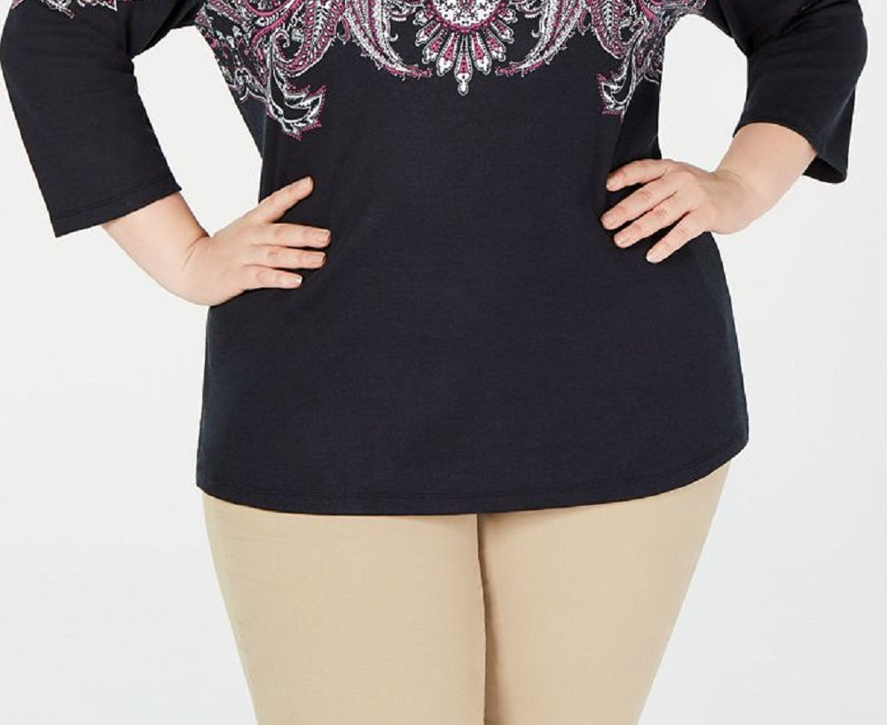 Karen Scott Women's Plus Printed 3/4 Sleeve Top Black Size 4X