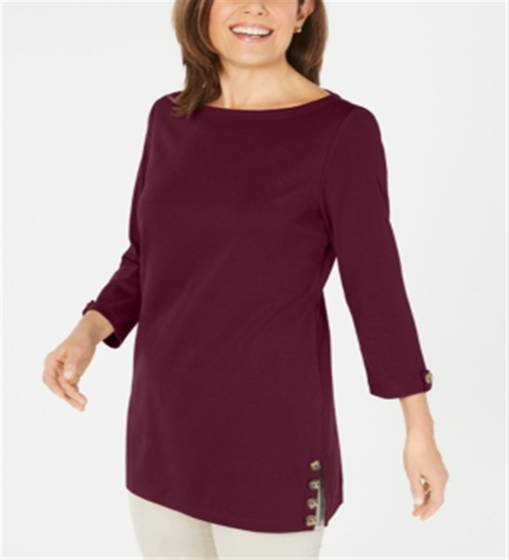Karen Scott Women's Button Side 3/4 Sleeve Cotton Top Red Size X-Small