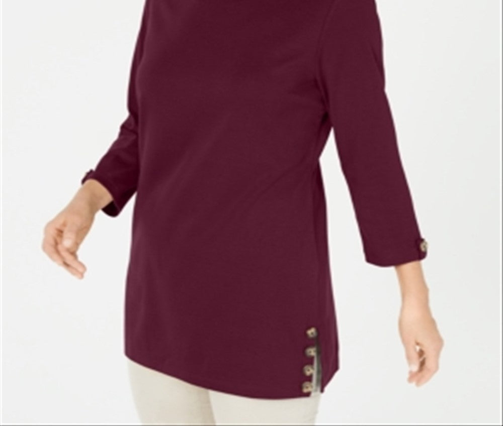 Karen Scott Women's Button Side 3/4 Sleeve Cotton Top Red Size X-Small