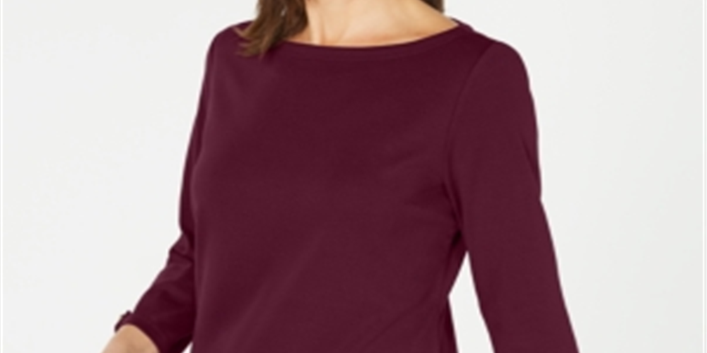 Karen Scott Women's Button Side 3/4 Sleeve Cotton Top Wine Size Small