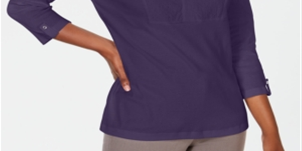 Karen Scott Women's Cotton Eyelet Yoke Top Purple Size Small