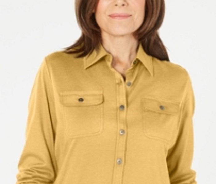 Karen Scott Women's Mixed Media Button Front Top Brown Size Small