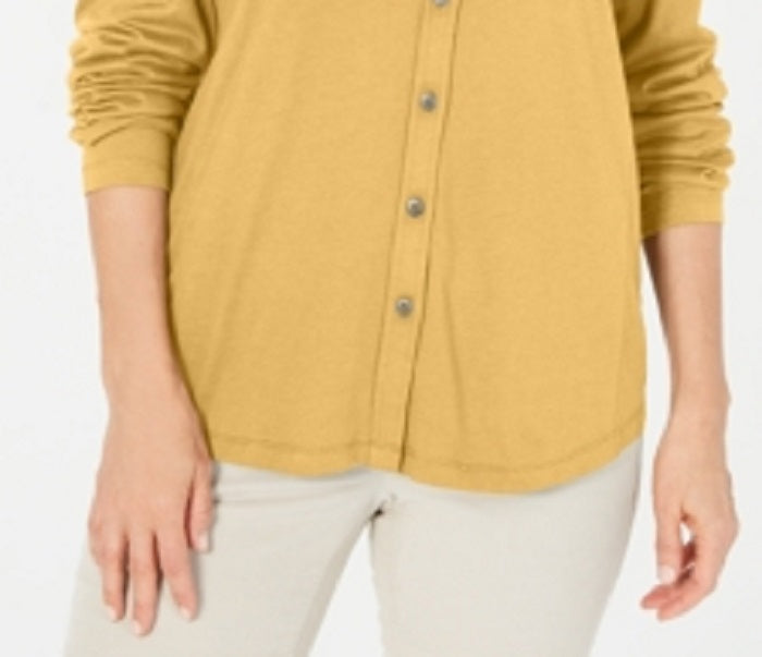 Karen Scott Women's Mixed Media Button Front Top Brown Size Small