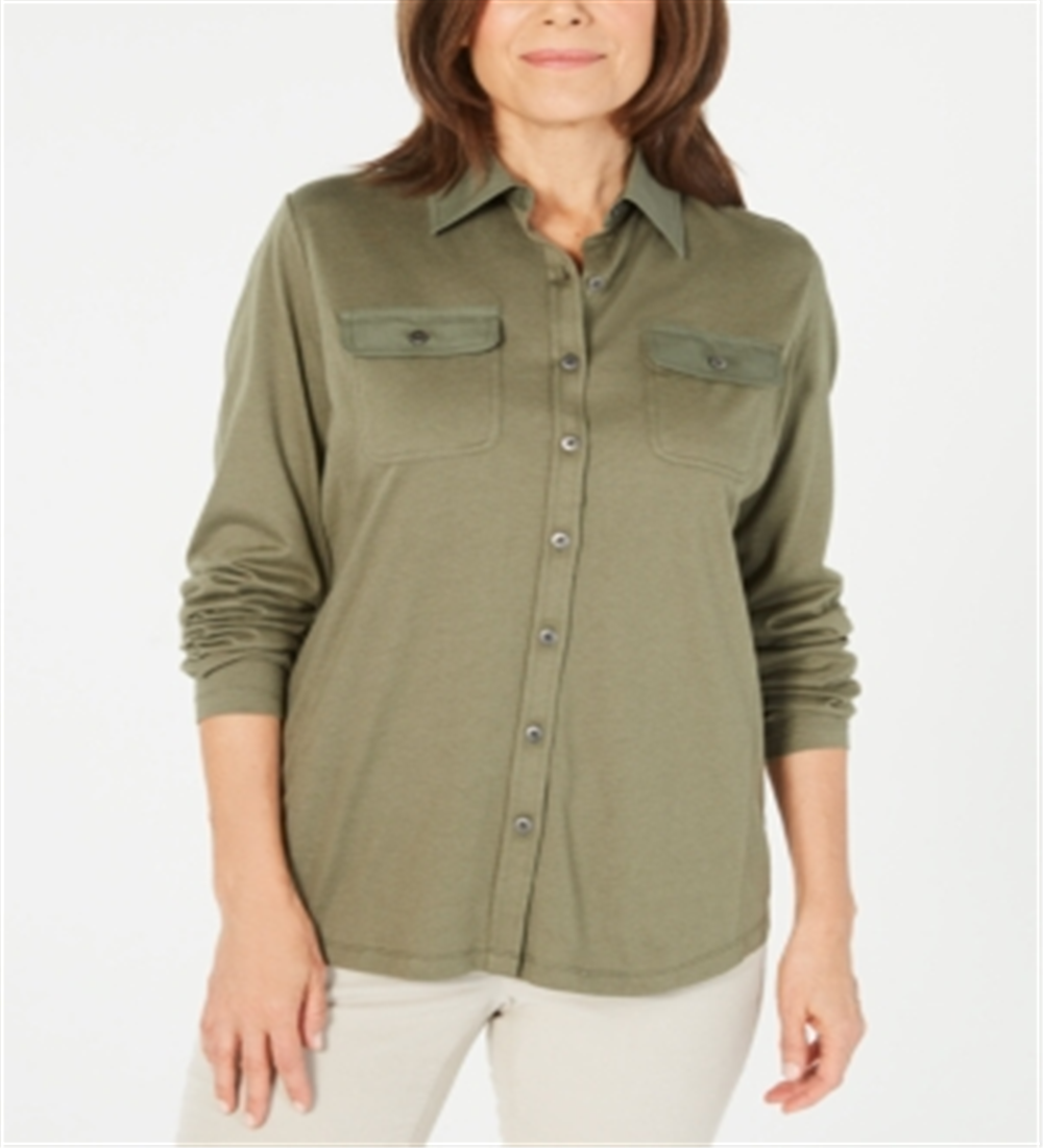Karen Scott Women's Mixed Media Button Front Top Green Size Small