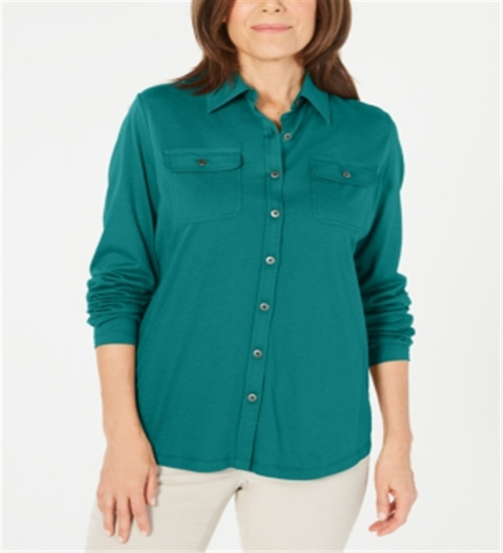 Karen Scott Women's Mixed Media Button Front Top Blue Size Medium