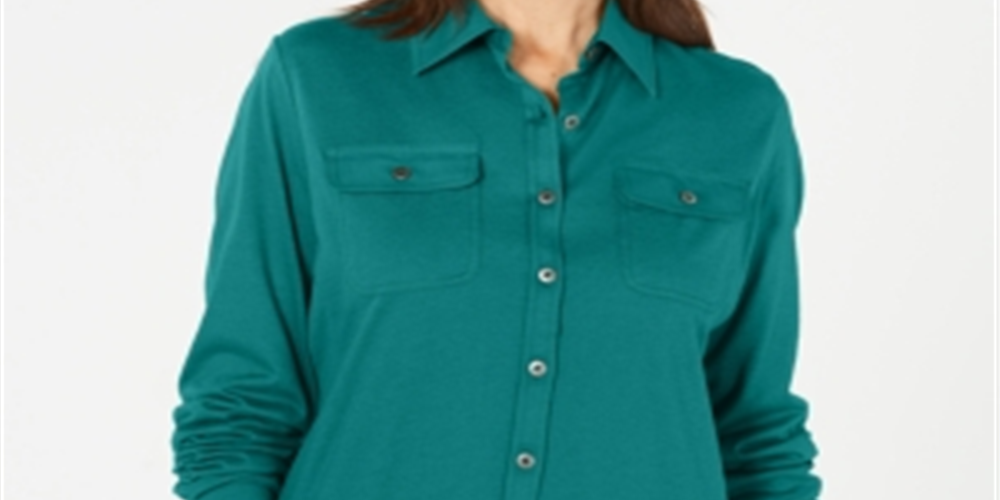 Karen Scott Women's Mixed Media Button Front Top Blue Size Medium