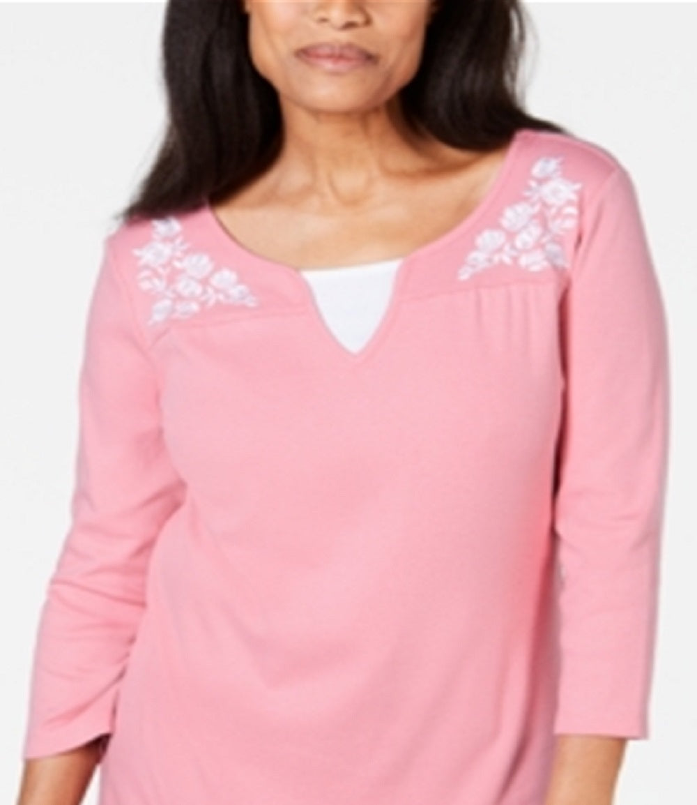 Karen Scott Women's Embroidered Cotton Layered Look Top Pink Size Small