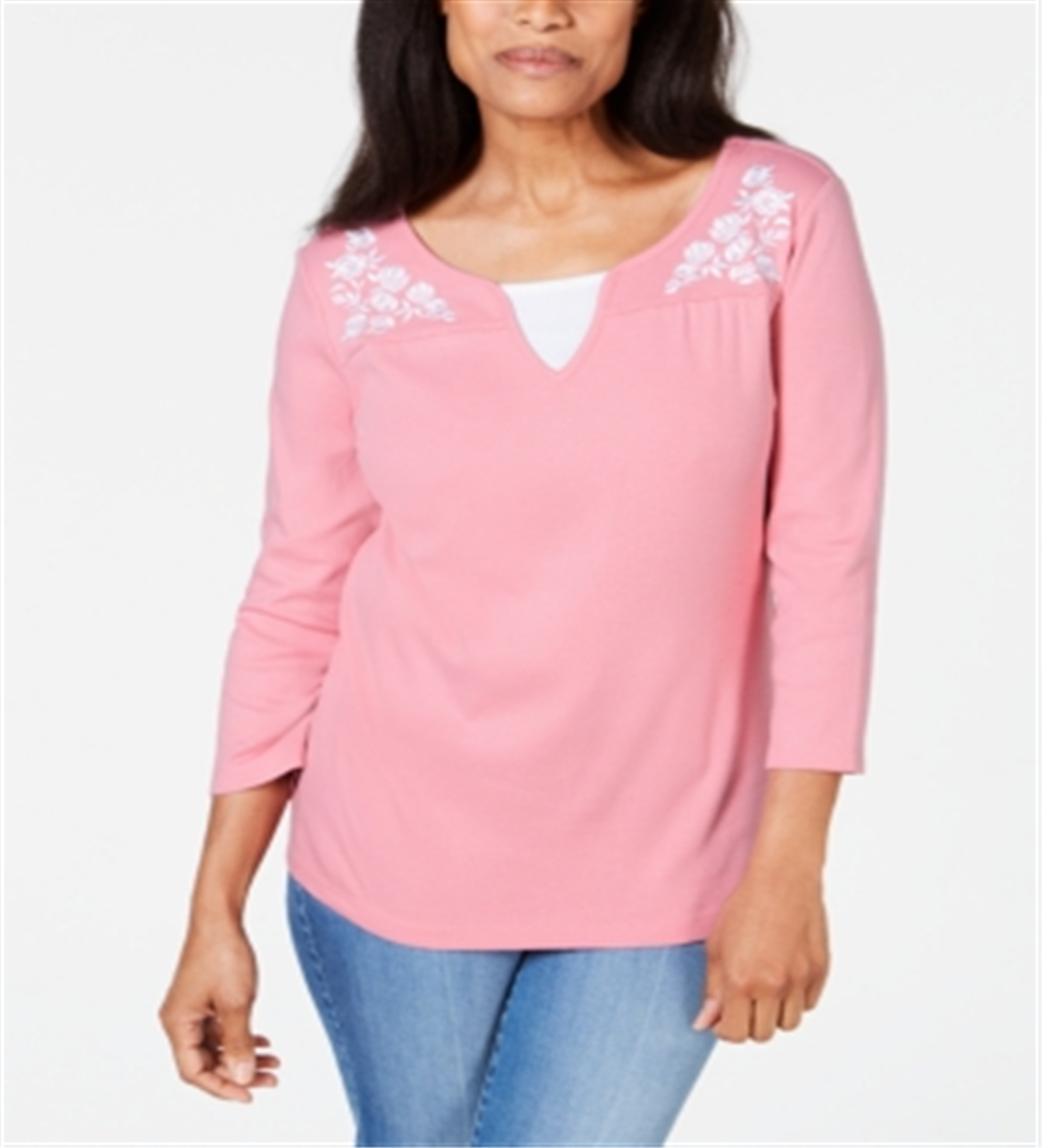 Karen Scott Women's Embroidered Cotton Layered Look Top Pink Size Small