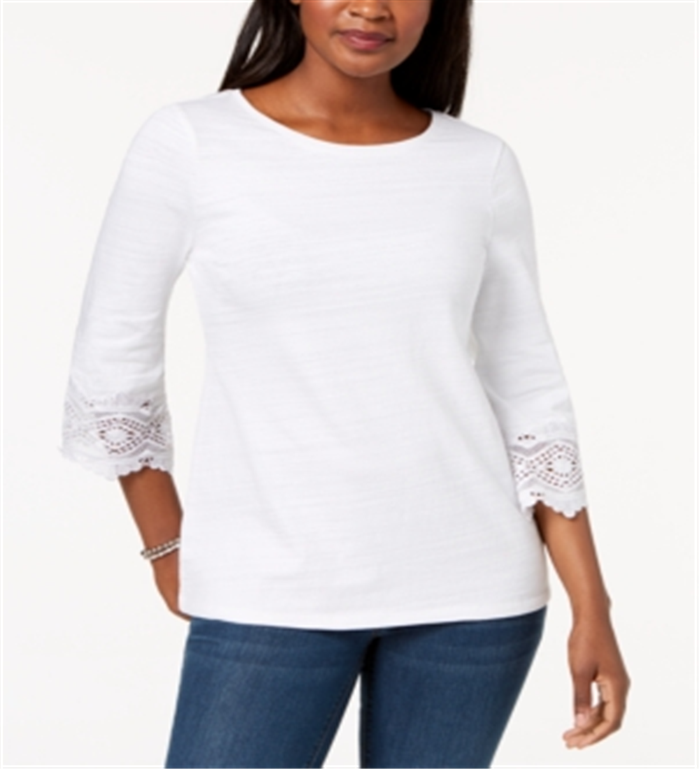 Charter Club Women's Cotton Lace Trim Top White Size Petite L