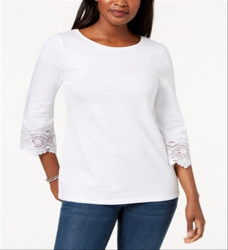 Charter Club Women's Cotton Lace Trim Top White Size Petite L