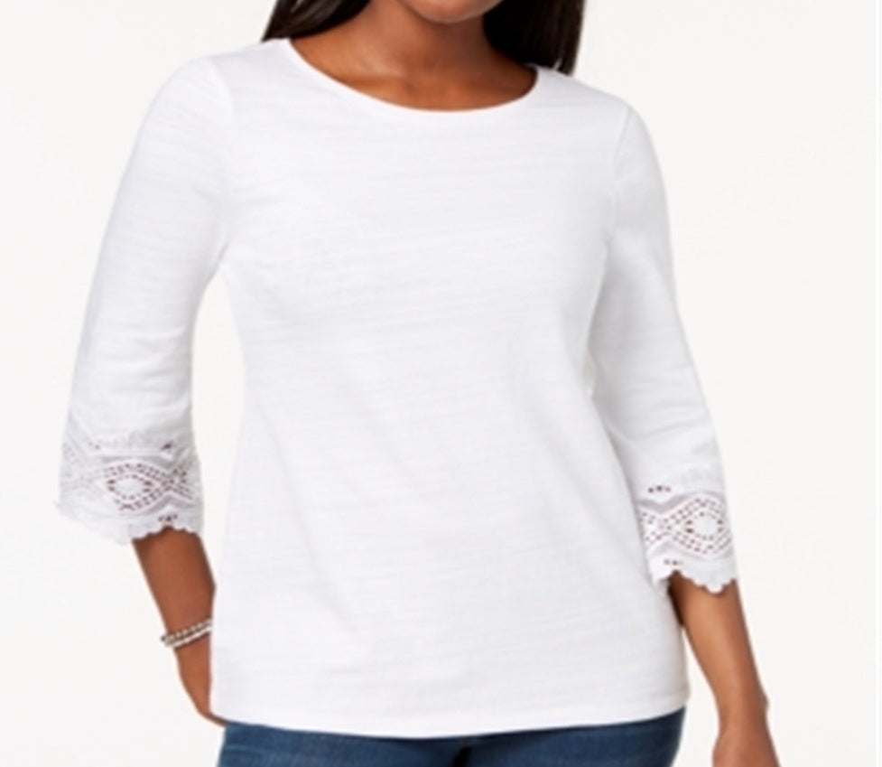 Charter Club Women's Cotton Lace Trim Top White Size Petite L