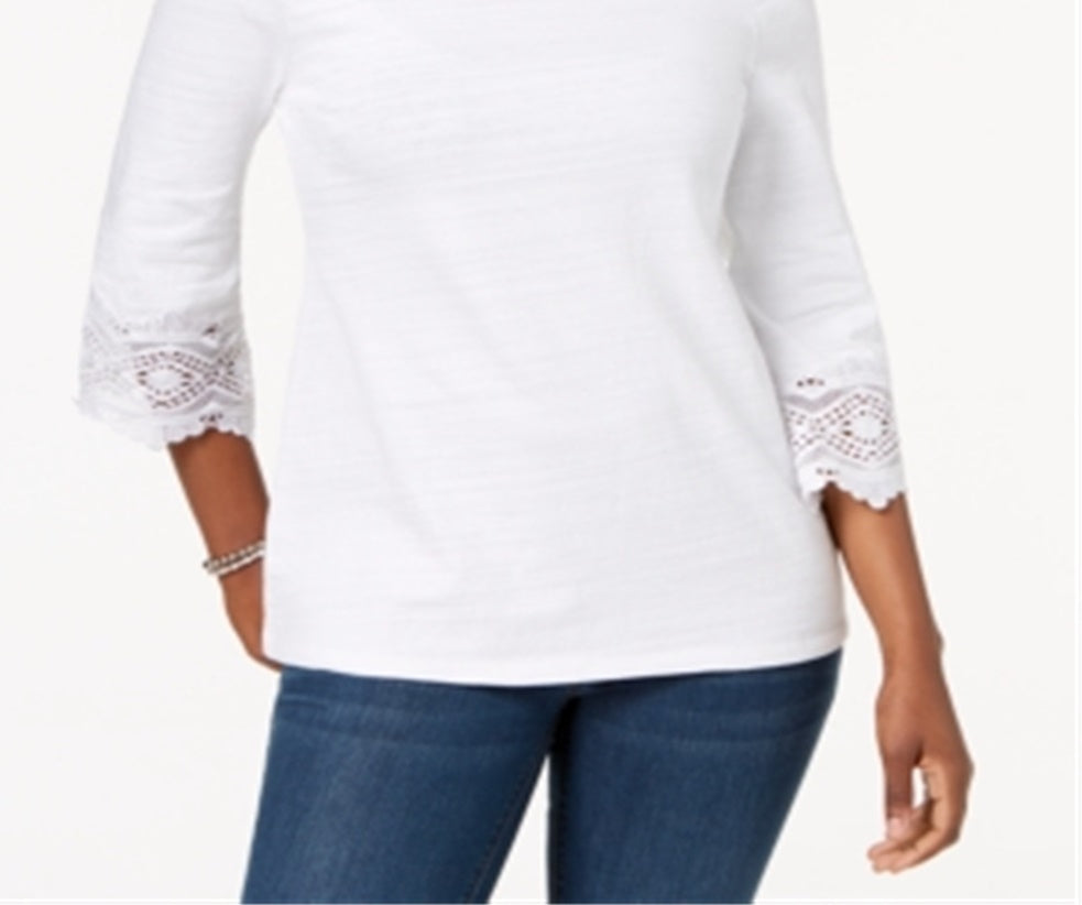 Charter Club Women's Cotton Lace Trim Top White Size Petite L