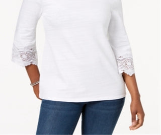Charter Club Women's Cotton Lace Trim Top White Size Petite L