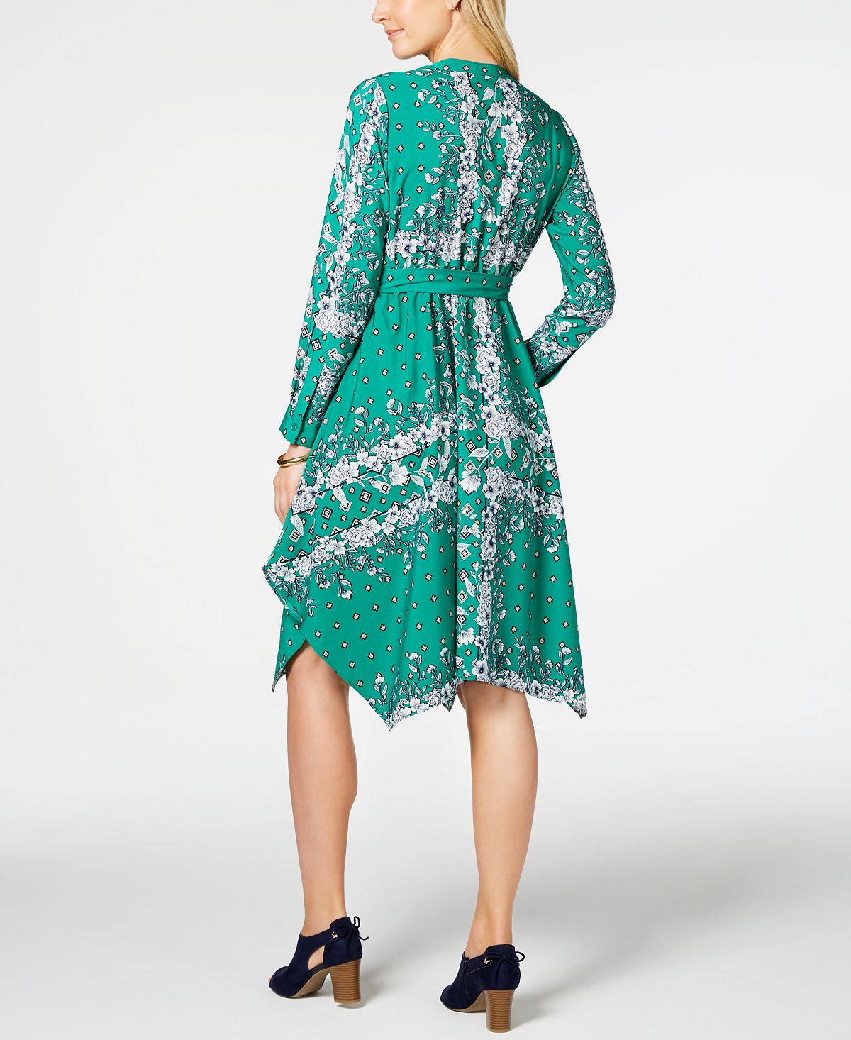 Charter Club Women's Printed Handkerchief-Hem Shirtdress Green Size Petite Medium