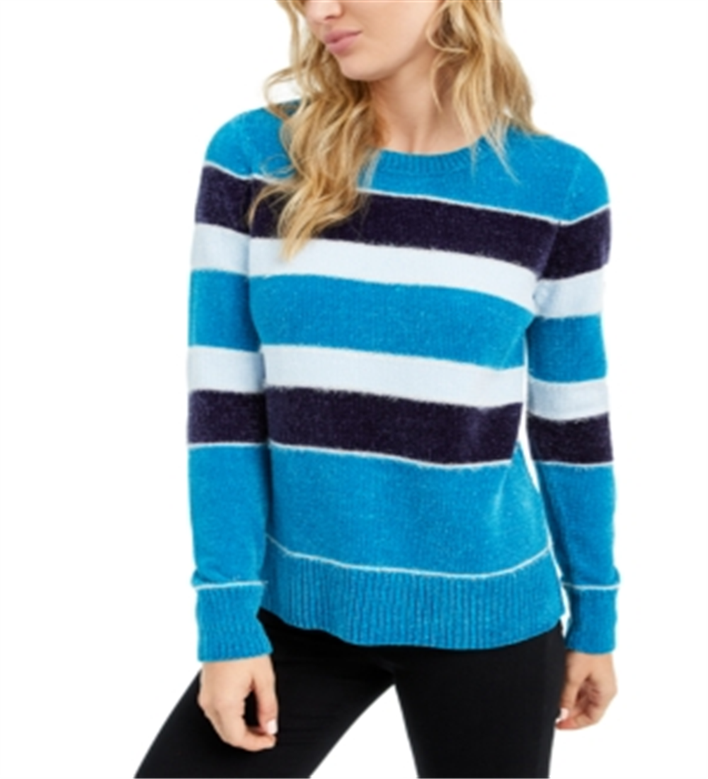 Maison Jules Women's Striped Metallic Chenille Sweater Blue Size X-Large