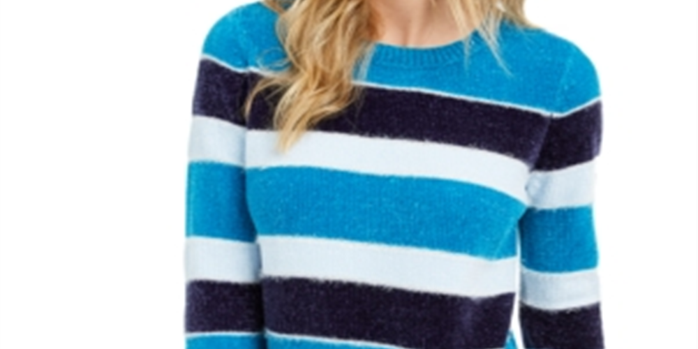 Maison Jules Women's Striped Metallic Chenille Sweater Blue Size X-Large