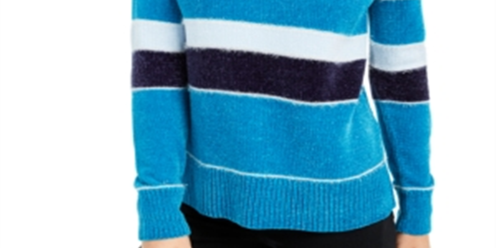 Maison Jules Women's Striped Metallic Chenille Sweater Blue Size X-Large