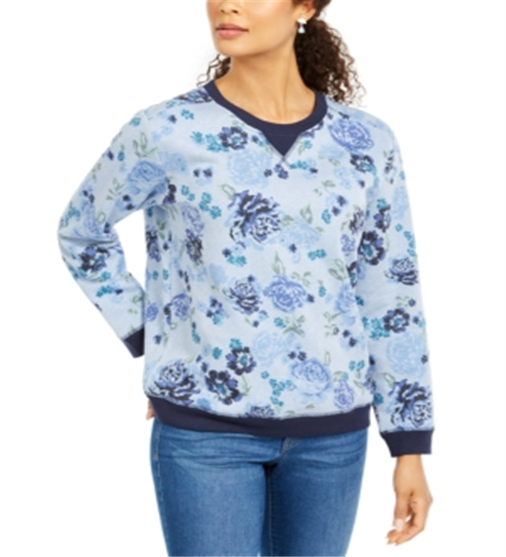 Karen Scott Women's Printed Crewneck Sweatshirt Blue Size Petite Medium